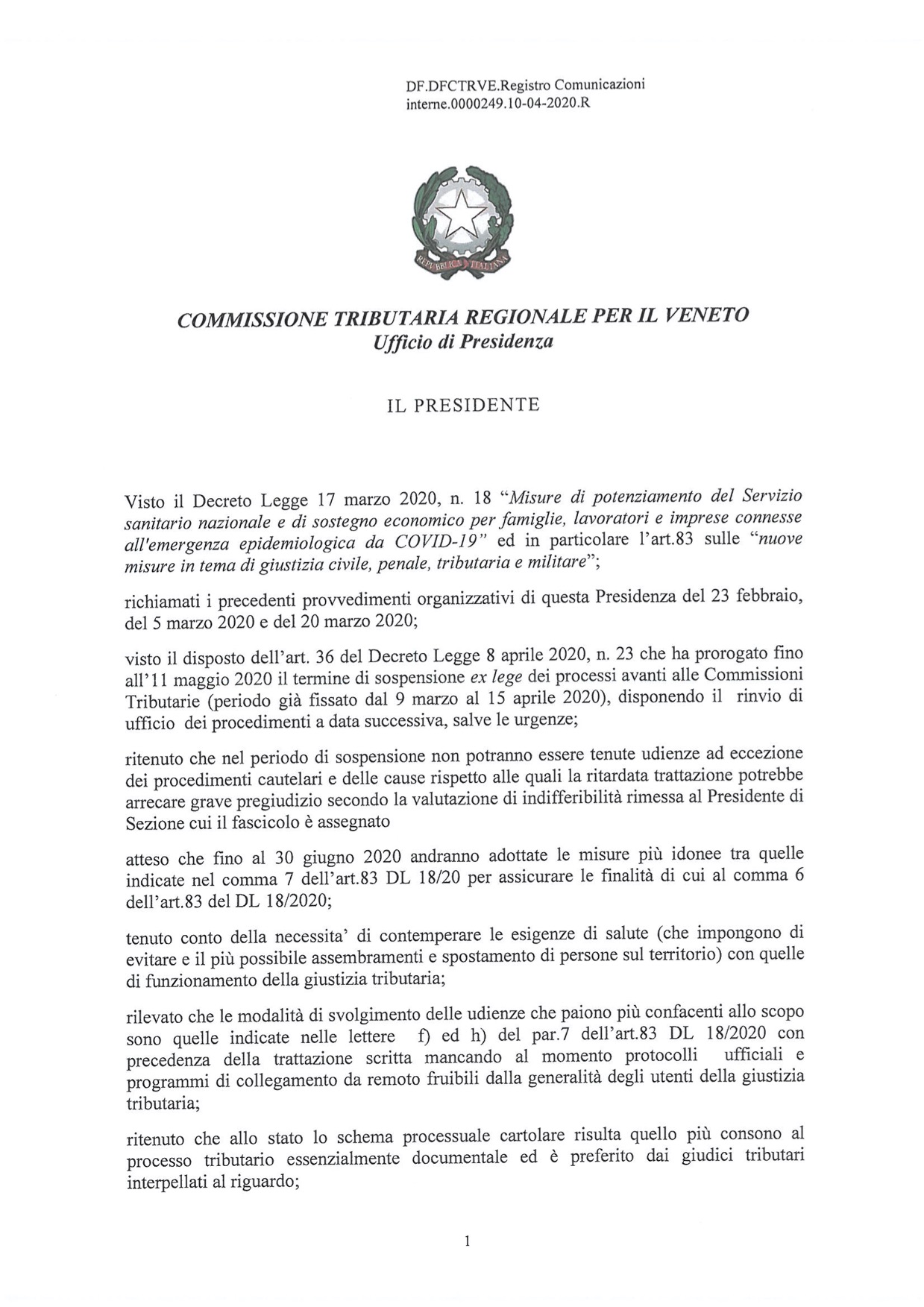 Provvedimento Presidente Commissione Tributaria per il Veneto 10.04.2020